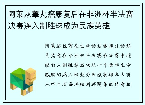 阿莱从睾丸癌康复后在非洲杯半决赛决赛连入制胜球成为民族英雄